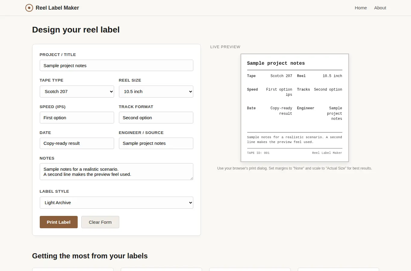Screenshot of Analog Reel Label Maker interface showing the project page in use